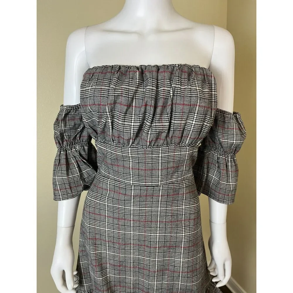 Tularosa Women Size L Angie Gray Plaid Ruffle Mini Dress Preppy Academia Party
